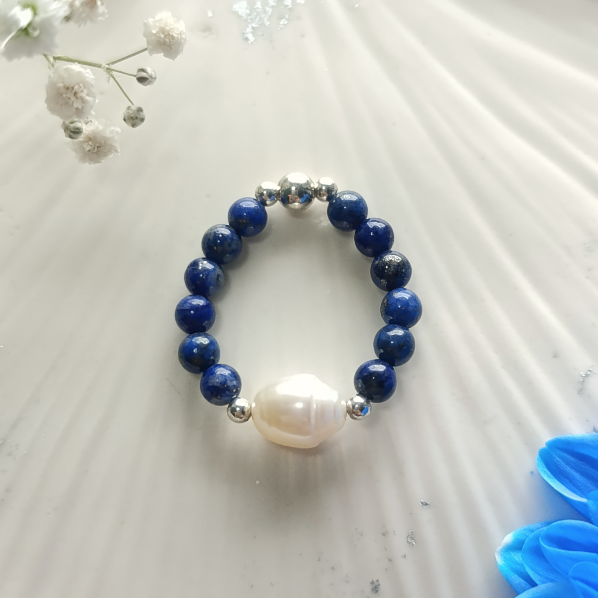 Pierścionek z Lapis Lazuli, Perłą i Srebrem 925 "Essenza Perlea"