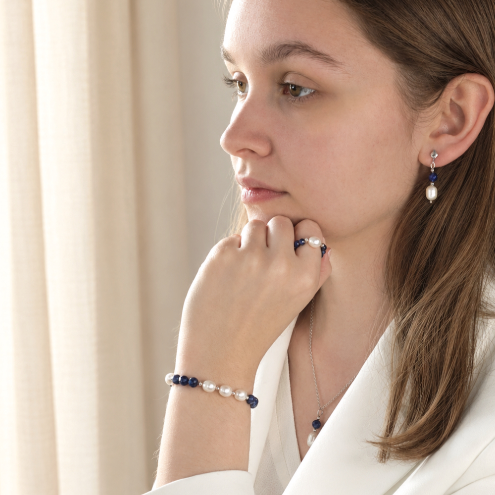 Bransoletka z Lapis Lazuli, Perłami i Srebrem 925 "Essenza Perlea" - obrazek 4