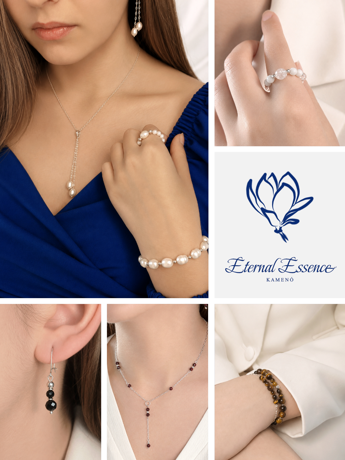 Przedstawienie biżuterii z kamieni naturalnych i srebra z eleganckiej kolekcji Eternal Essence. Biżuteria pokazana jest na kobietach w eleganckim stroju