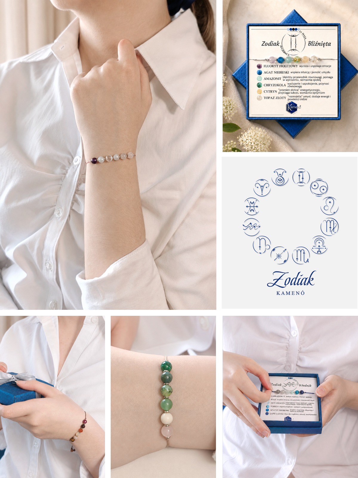 Przedstawienie biżuterii z kamieni naturalnych i srebra z symbolicznej kolekcji Zodiak Kamenó. Biżuteria pokazana jest na kobietach w eleganckim stroju